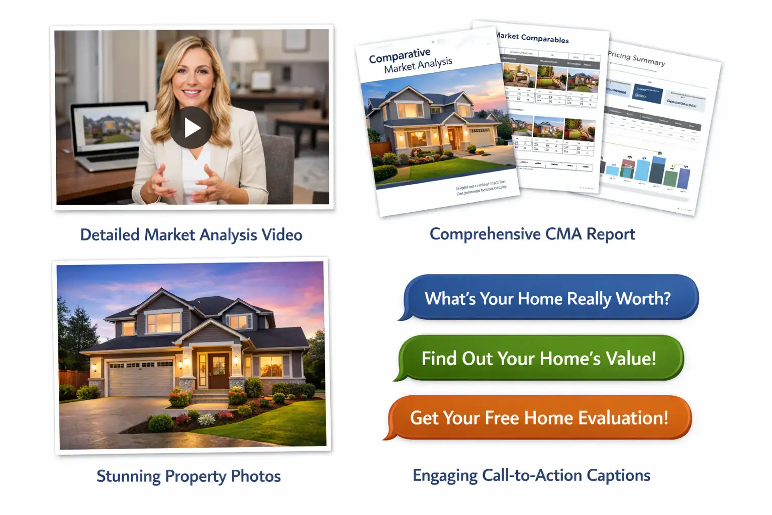ListingHub outputs: listing video, CMA report, enhanced photos, marketing copy