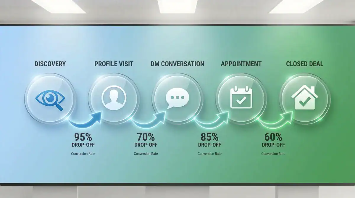 Five-stage sales funnel infographic with drop-off percentages and stage icons