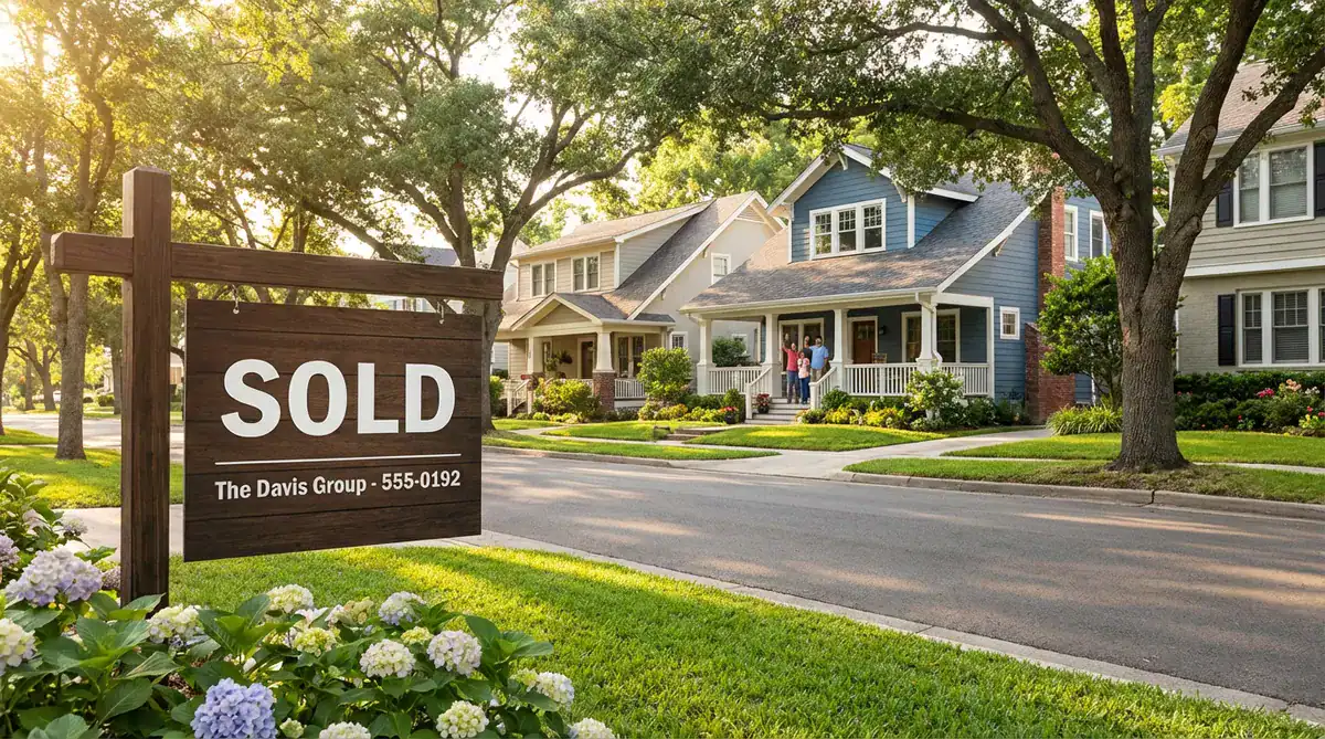 SOLD real estate sign on a manicured lawn in a sunny suburban neighborhood with hydrangeas