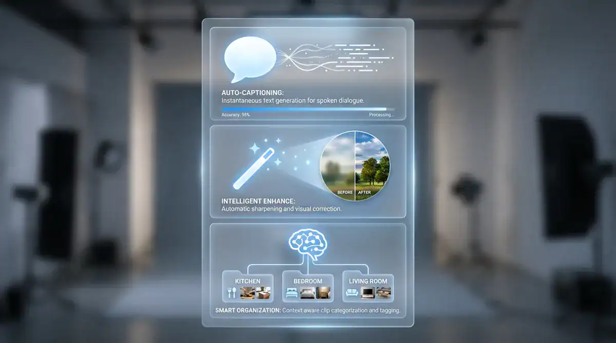 Futuristic holographic AI interface displaying auto-captioning, intelligent enhancement, and smart home organization