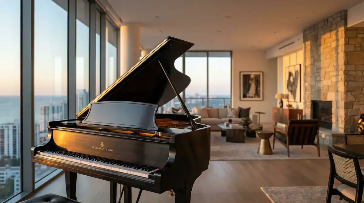 Grand piano in a sunlit urban living room with city skyline