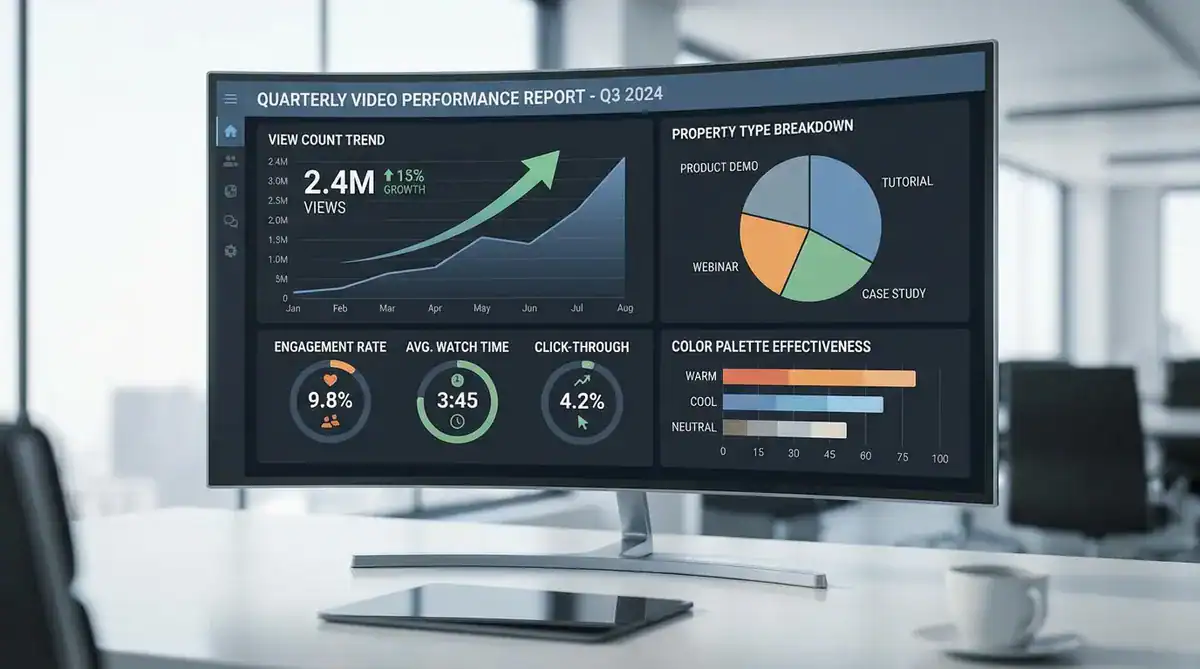 Computer monitor showing a dashboard with graphs, charts, and performance metrics in an office.