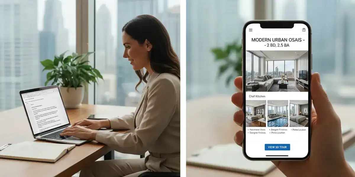 Professional at a desk using a laptop with a real estate app on a smartphone
