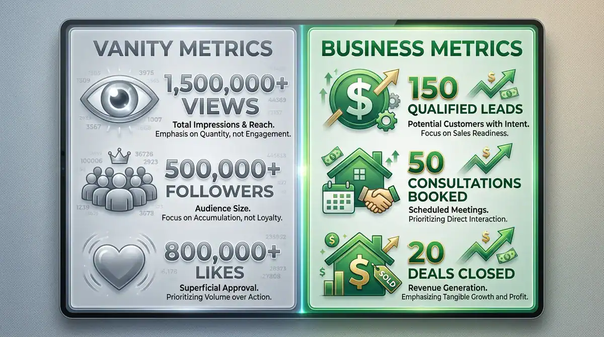 Vanity metrics (views, followers, likes) vs business metrics (leads, consultations, deals) in a split infographic