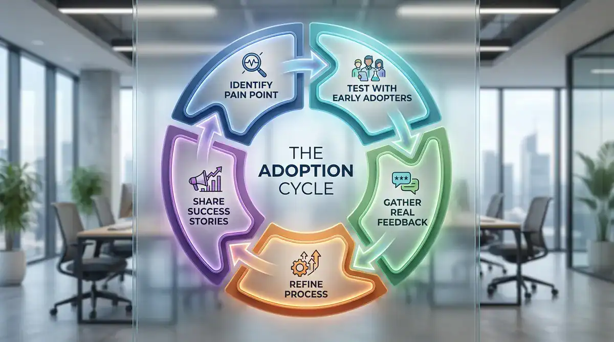 Colorful five-segment adoption cycle diagram on a glass wall in a modern office