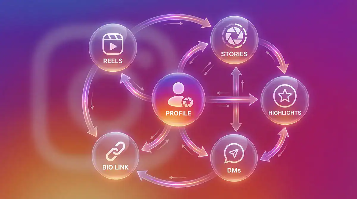 Neon social media flow diagram with circular icons for Reels, Stories, Highlights, Profile, Bio Link, and DMs on a g