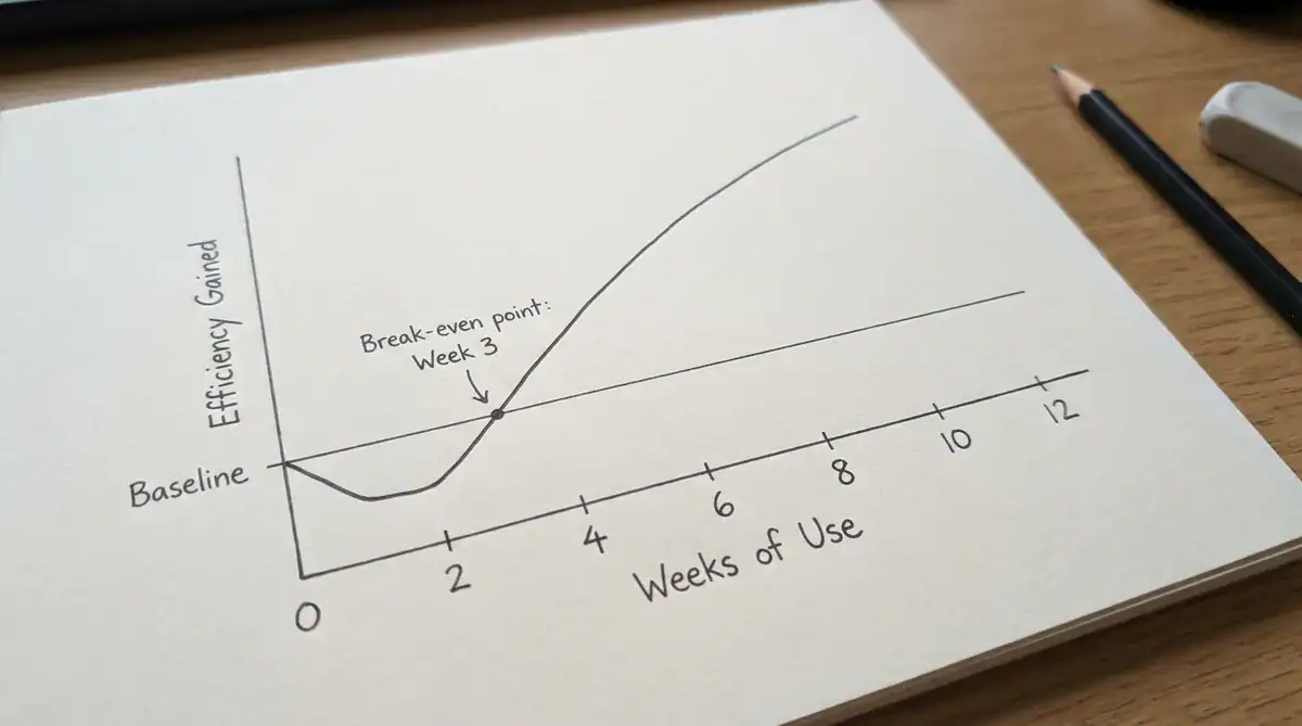 Hand-drawn graph on a notebook page showing efficiency gains vs baseline with a break-even point at Week 3