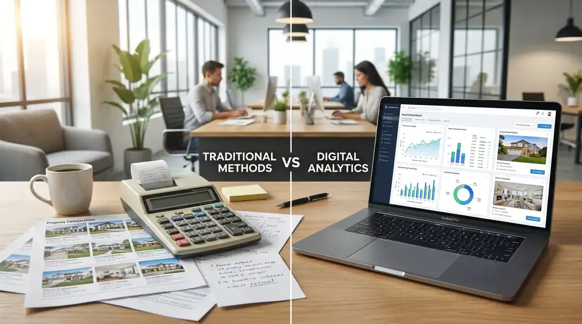 Office split-screen: traditional paperwork left, digital analytics on a laptop right.