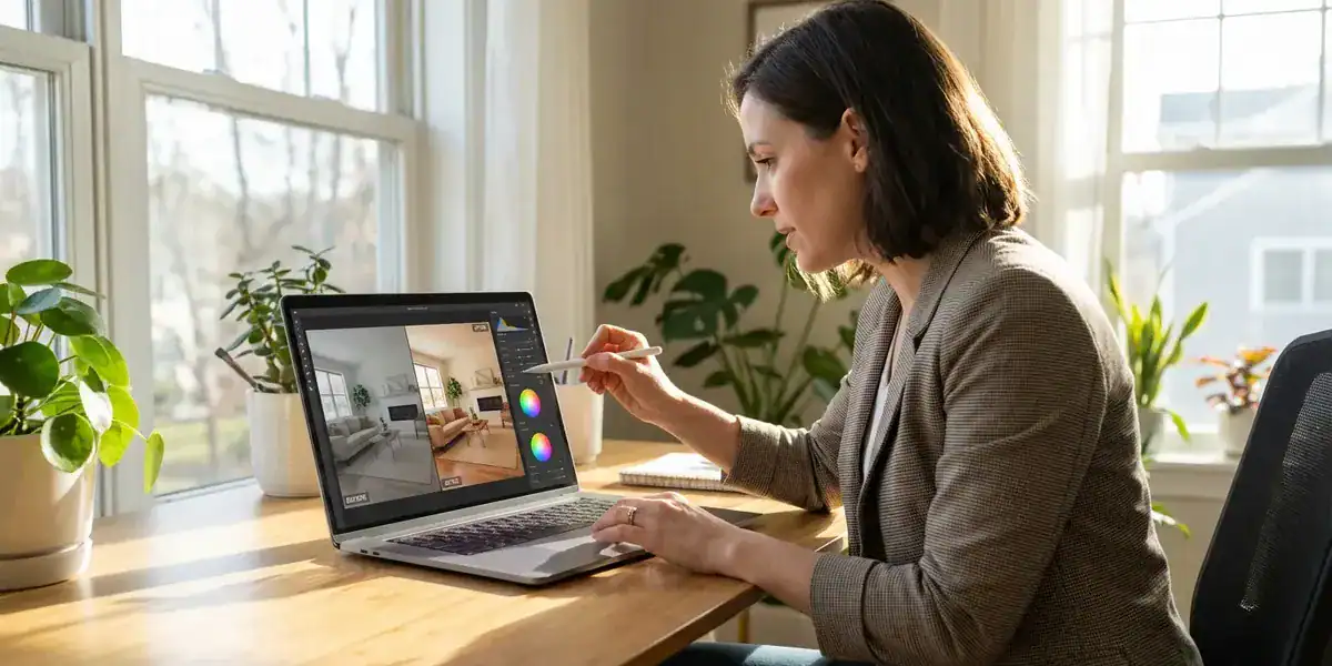 Woman using interior design software on a laptop at a bright home desk with plants