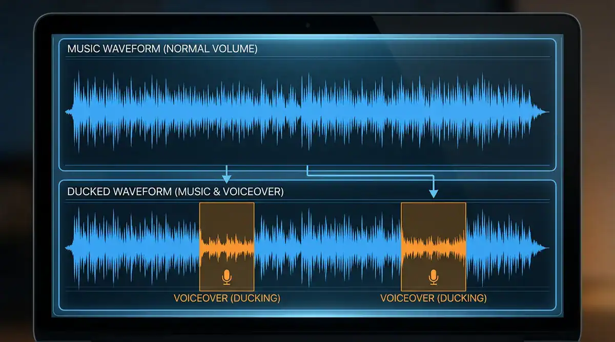 Monitor with two waveform panels: top normal blue music waveform, bottom ducked waveform with orange voiceover block