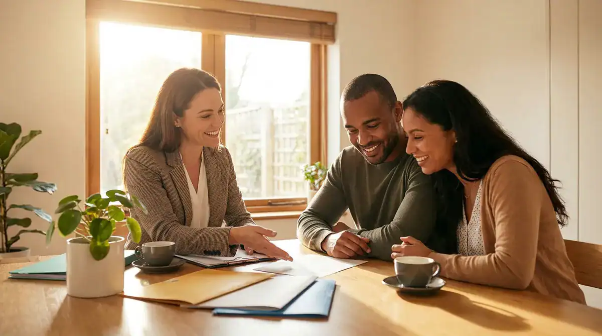 Three colleagues discuss documents at a sunny office table
