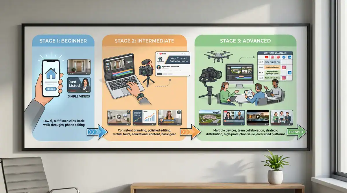Framed three-stage infographic on a wall: Beginner, Intermediate, and Advanced stages.