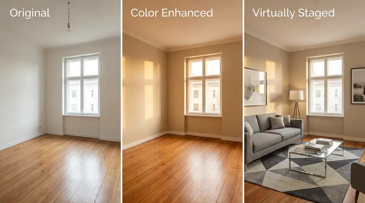 Three-panel living room comparison: original empty, color-enhanced, and virtually staged.