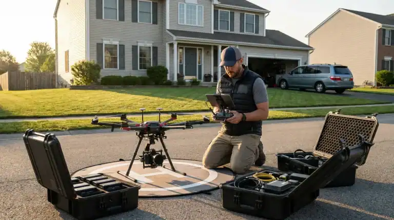 Man kneeling on suburban street preparing a large quadcopter drone with cases nearby