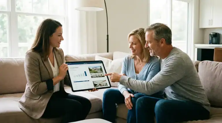 Three adults review a tablet with charts in a bright living room