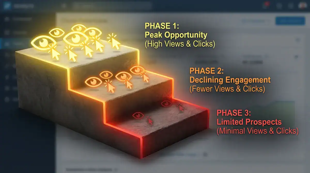 3D stepped diagram with eye icons representing three engagement phases: Peak Opportunity, Declining Engagement, Limi