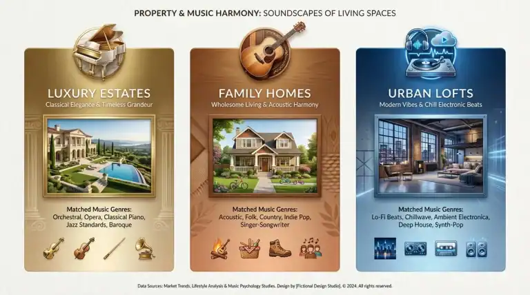 Three-panel infographic pairing Luxury Estates, Family Homes, and Urban Lofts with music themes