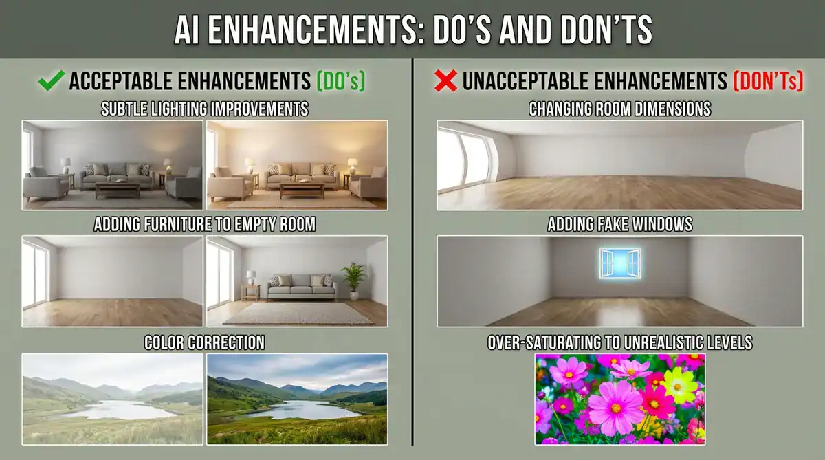 Two-column guide comparing acceptable and unacceptable AI enhancements for interior photos