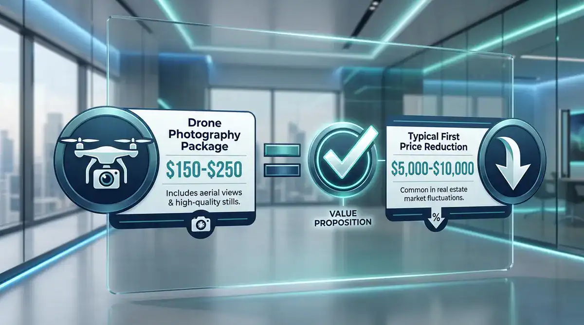 Futuristic infographic comparing drone photography package to price savings