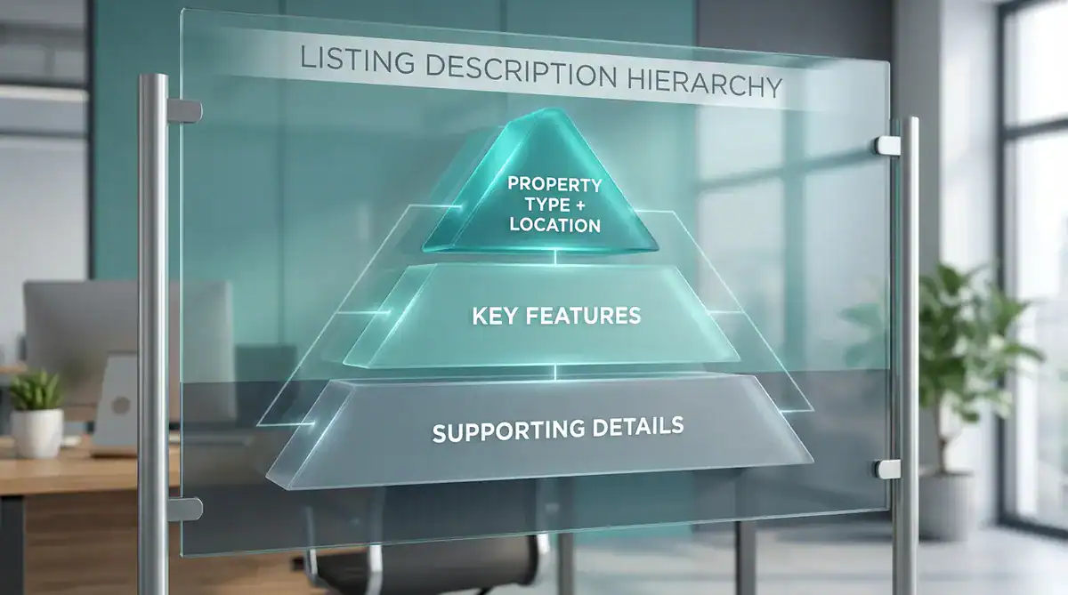 Glass board with a 3-tier pyramid diagram titled Listing Description Hierarchy in a modern office