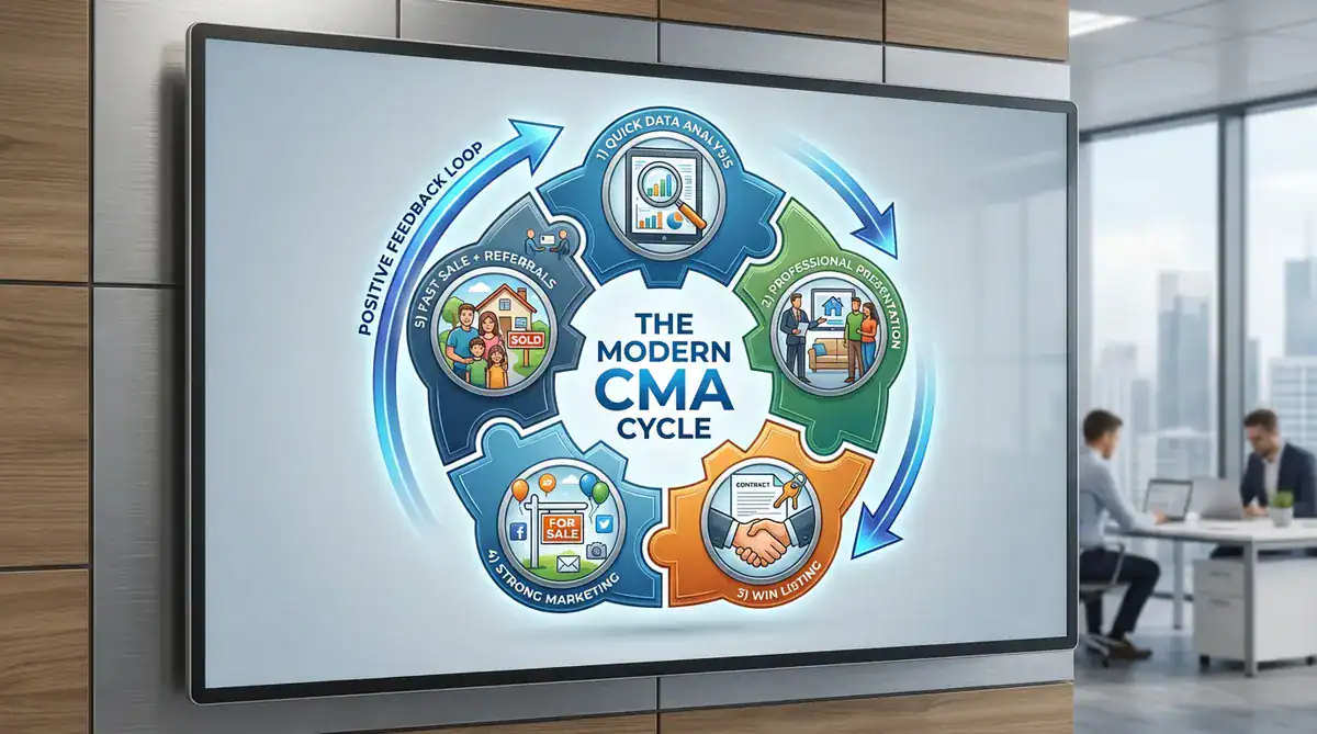 Wall-mounted monitor displaying The Modern CMA Cycle infographic with a circular diagram