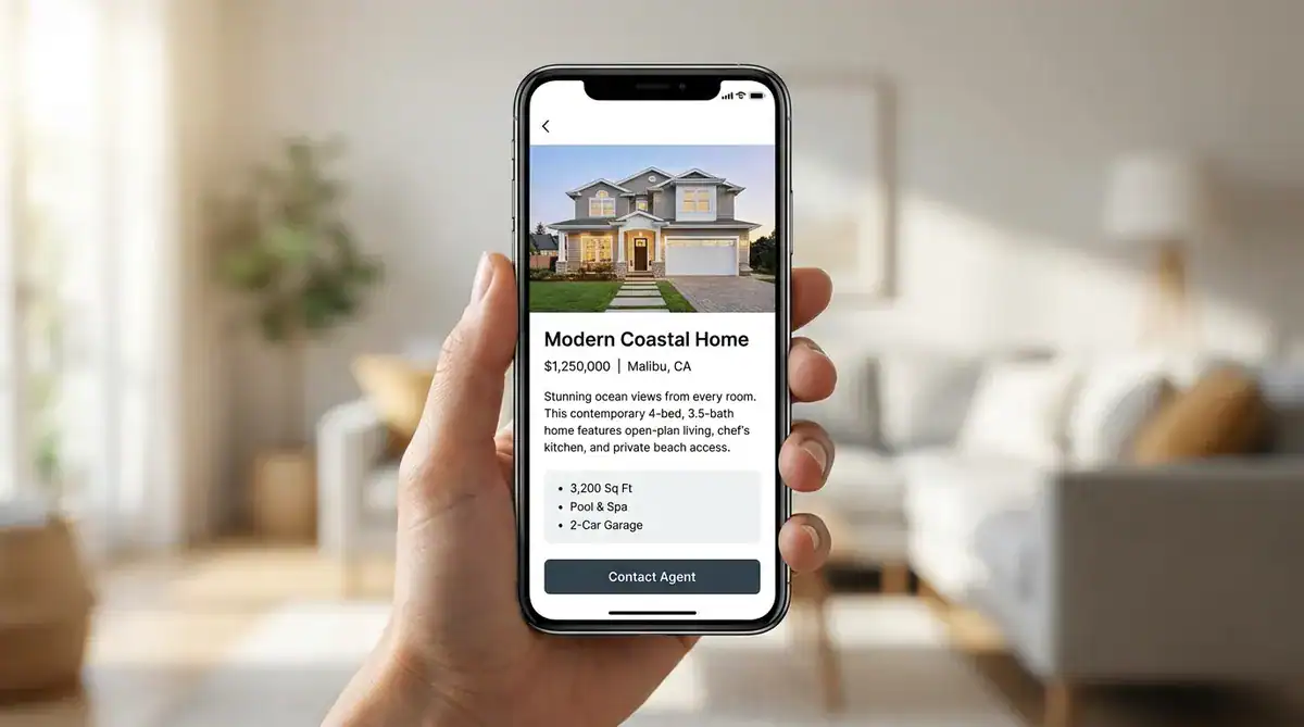 Person holding a smartphone showing a Malibu Modern Coastal Home listing