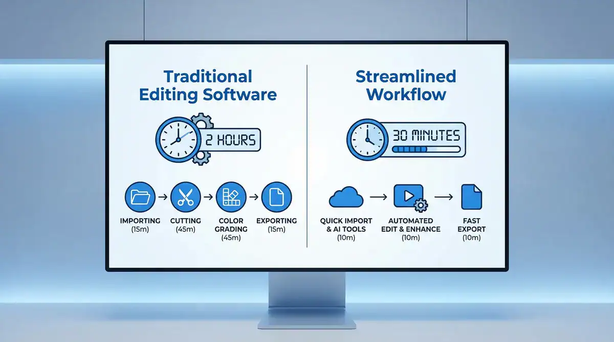 Monitor showing Traditional Editing Software vs Streamlined Workflow infographic with time comparisons and steps