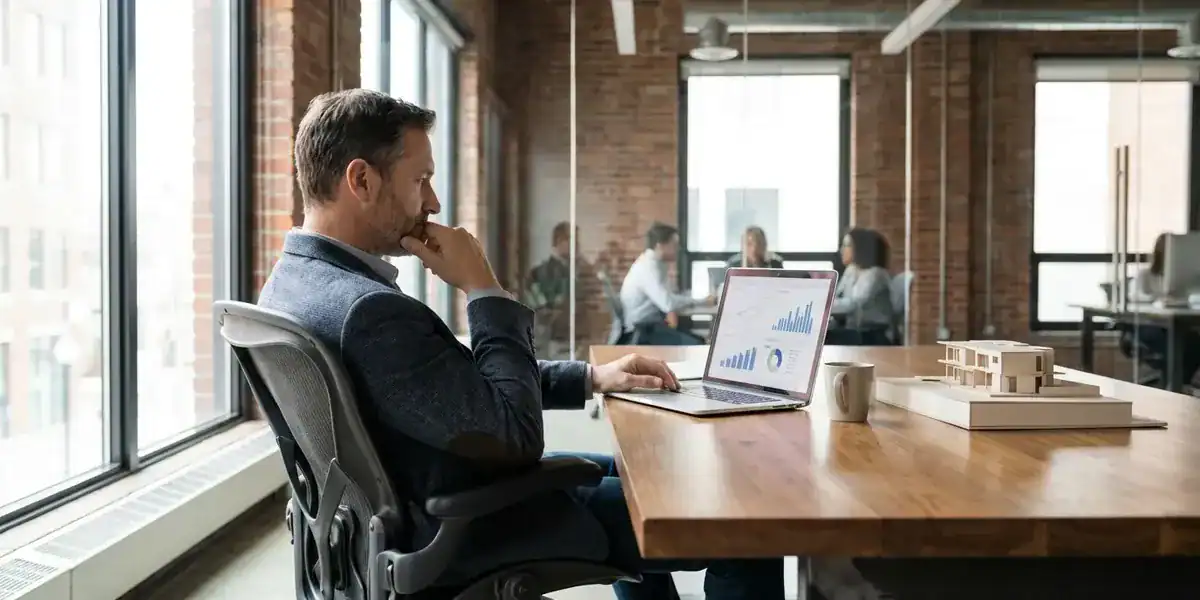 Business professional at a wooden desk with a laptop showing charts; brick-walled office with colleagues in the back