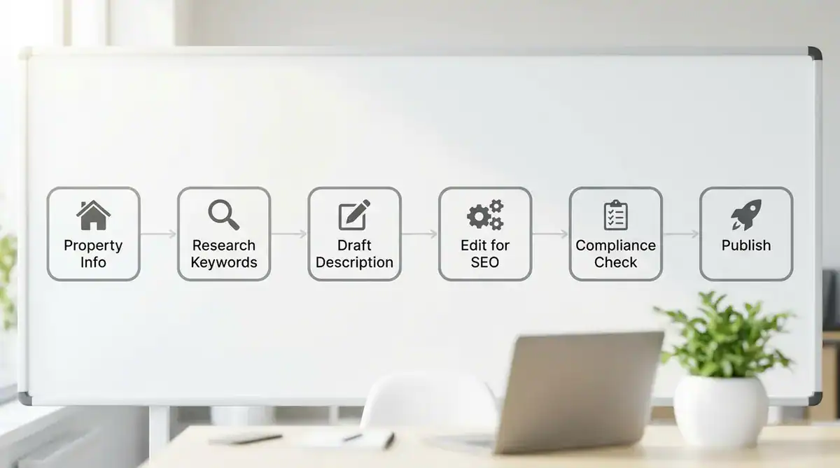 Whiteboard flowchart showing SEO steps with a laptop and plant on a bright desk