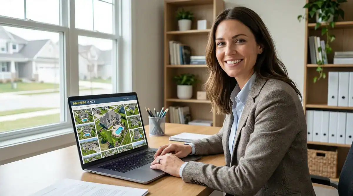Professional woman at a desk reviewing property maps on a laptop in a bright office