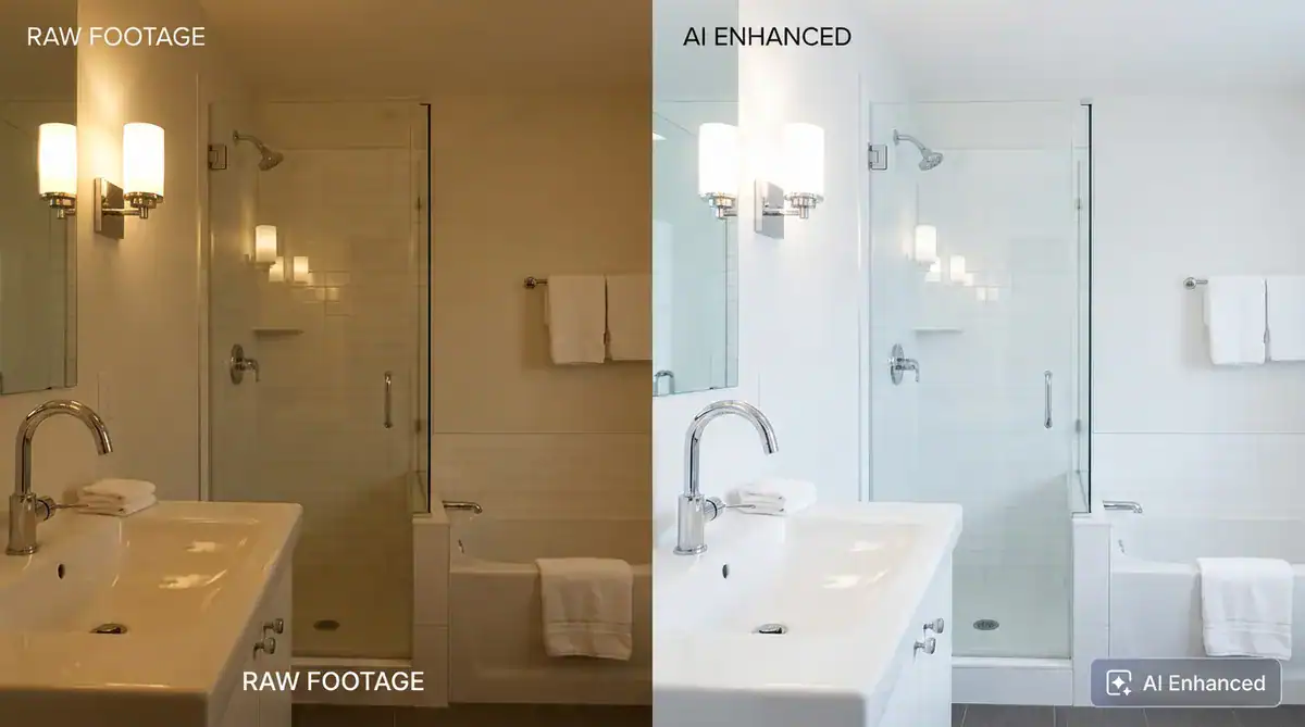 Split-screen bathroom with sink, mirror, towels, and glass shower; raw vs AI-enhanced