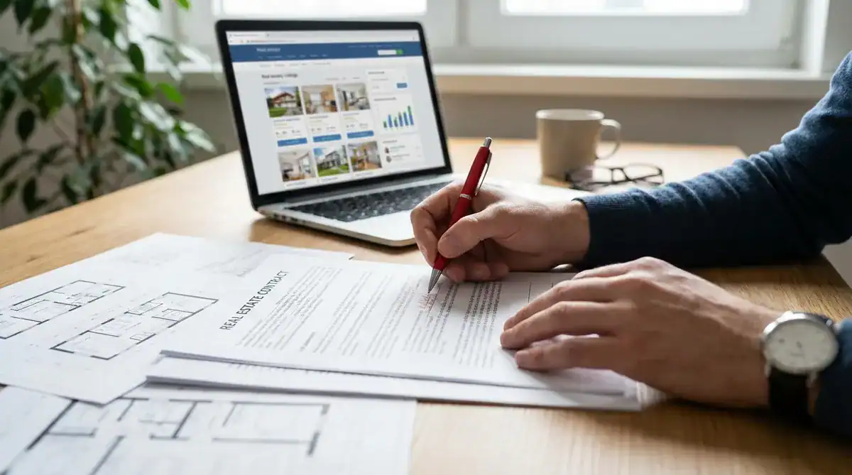 Architect drafts floor plans at a desk with blueprints and a laptop