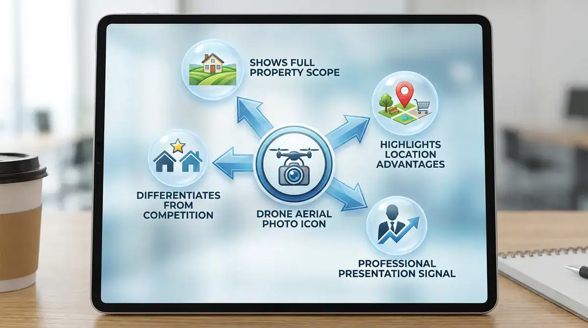 Tablet screen showing a drone infographic about property scoring and location advantages
