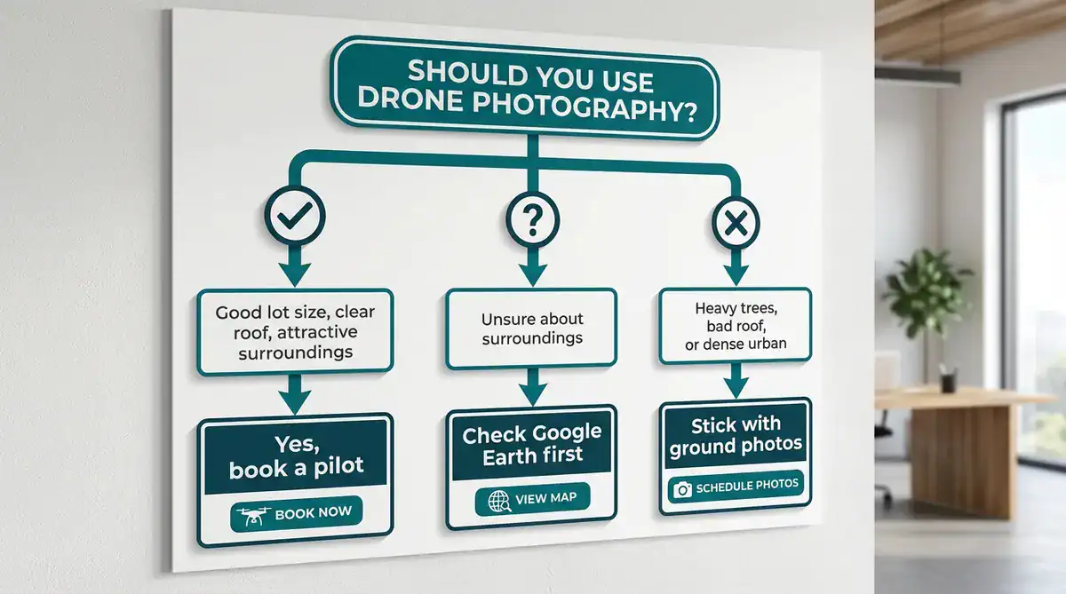 Wall infographic: Should You Use Drone Photography? flowchart with yes, unsure, and no.
