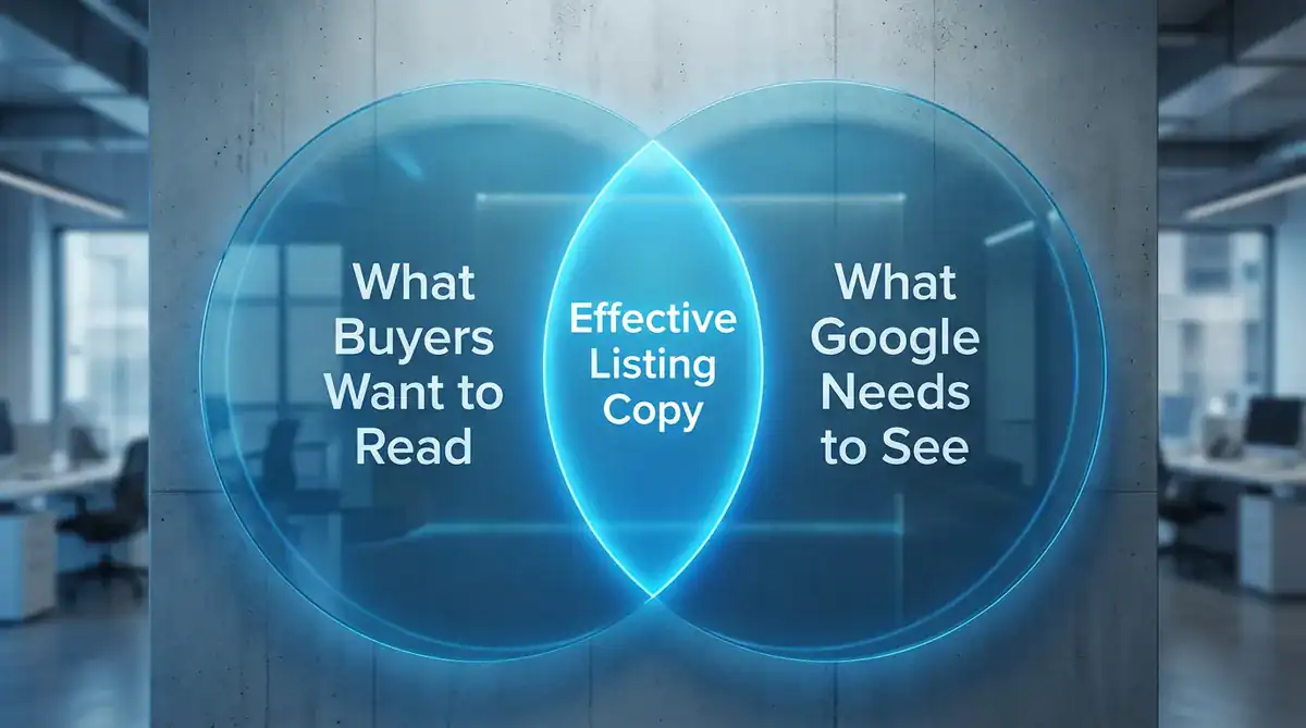 Blue neon Venn diagram showing What Buyers Want to Read, What Google Needs to See, and the center label Effective Li
