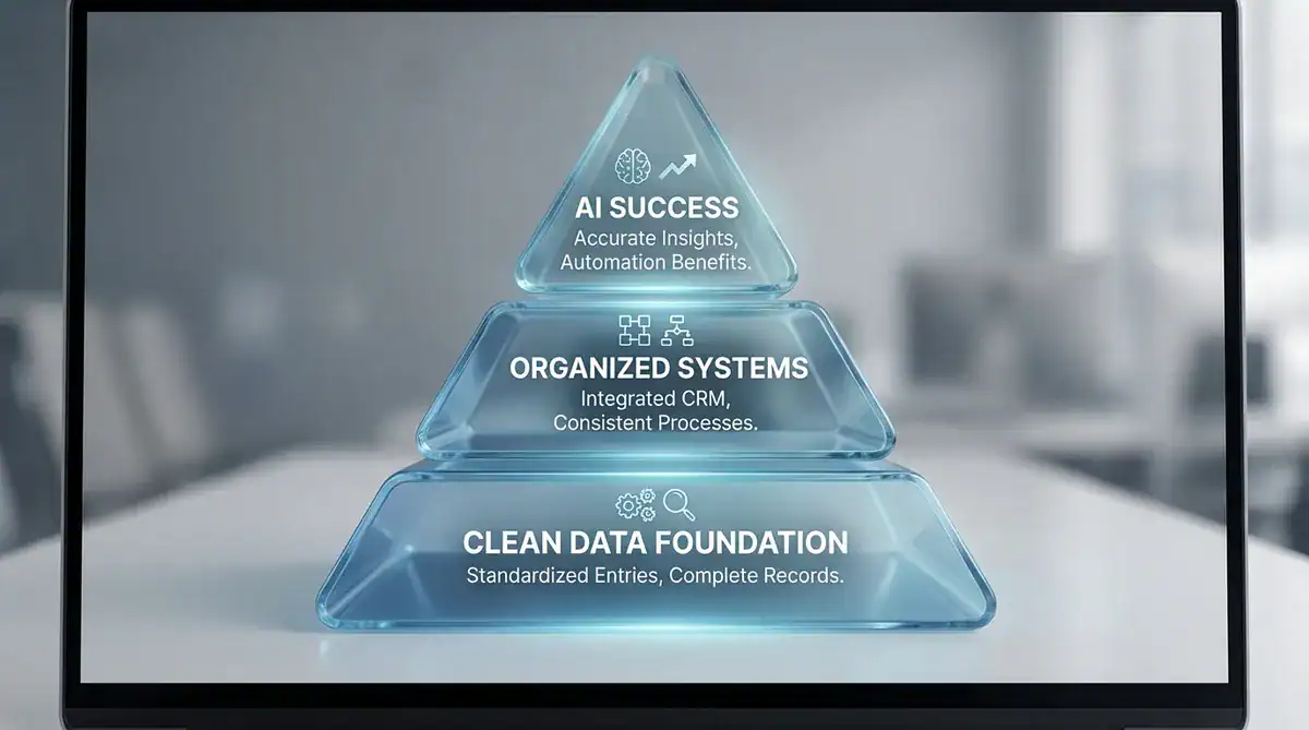 Three-tier glass pyramid on a desk with labels Clean Data Foundation, Organized Systems, AI Success