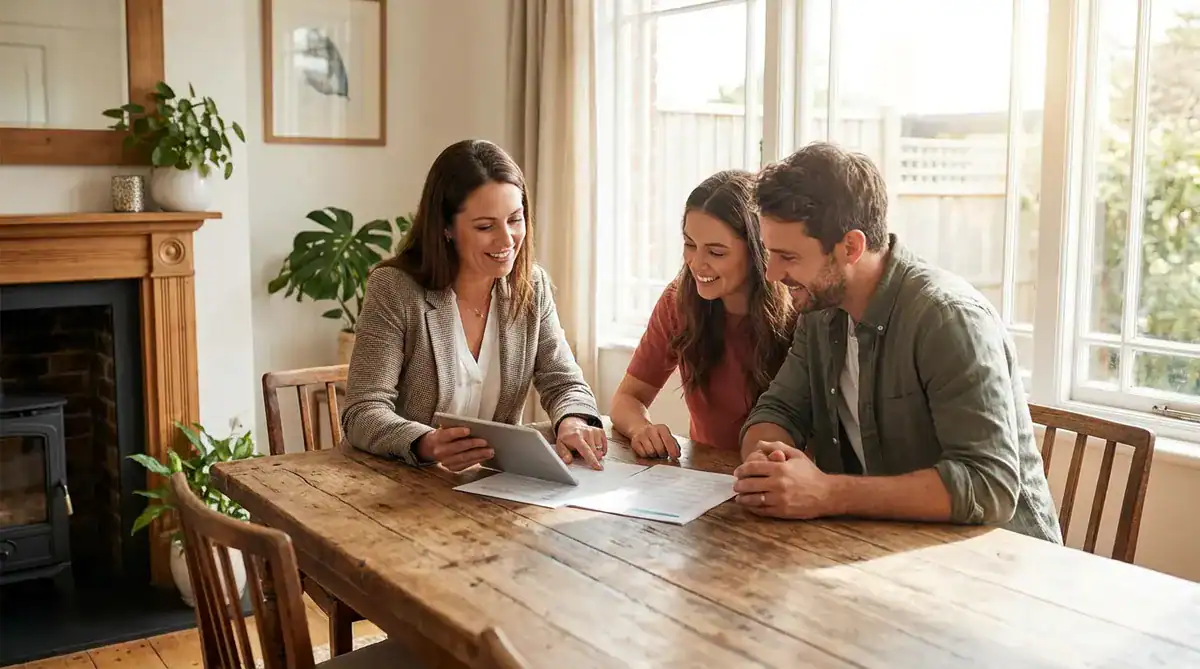 Three people sit at a wooden dining table reviewing documents and a tablet in a sunlit living room.