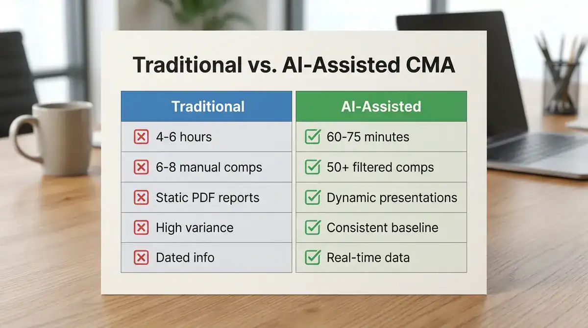 Card showing Traditional vs AI-Assisted CMA comparison on a desk with a laptop