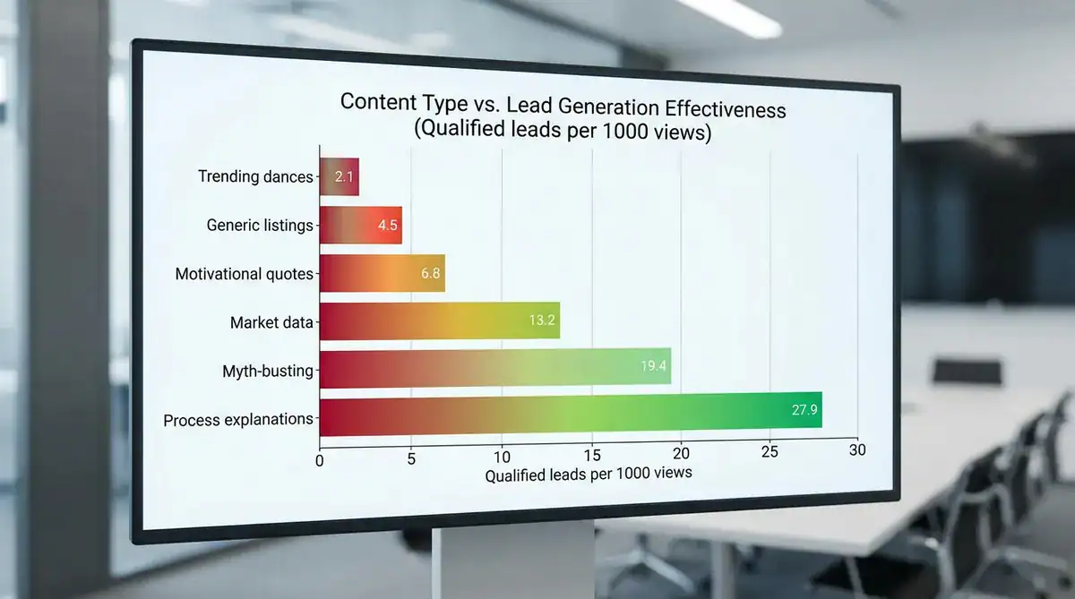 Bar chart on a computer monitor showing lead generation by content type
