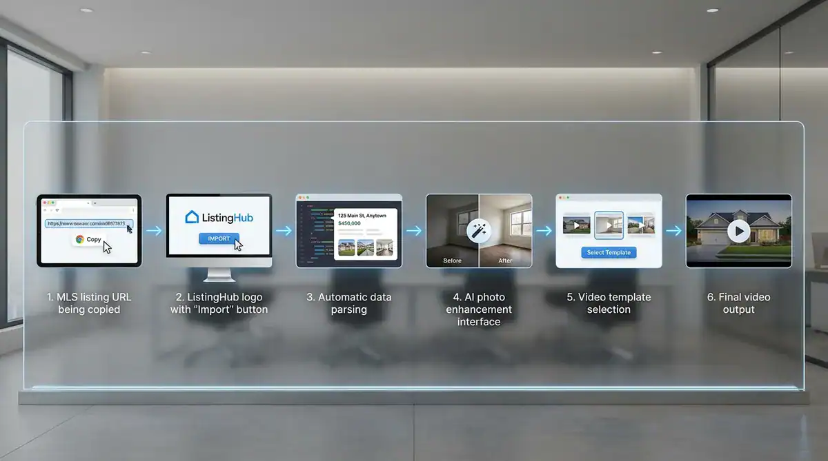 Modern office with a translucent display showing a six-step MLS video workflow.