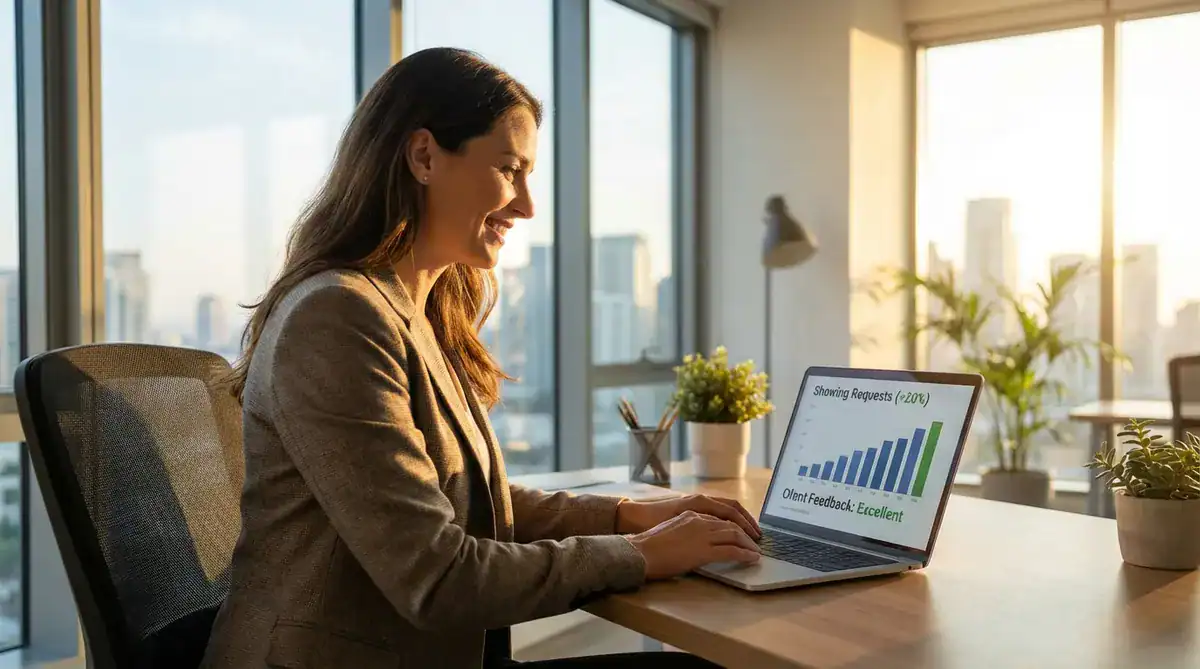 Professional woman at a desk in a bright office using a laptop with charts, city skyline visible