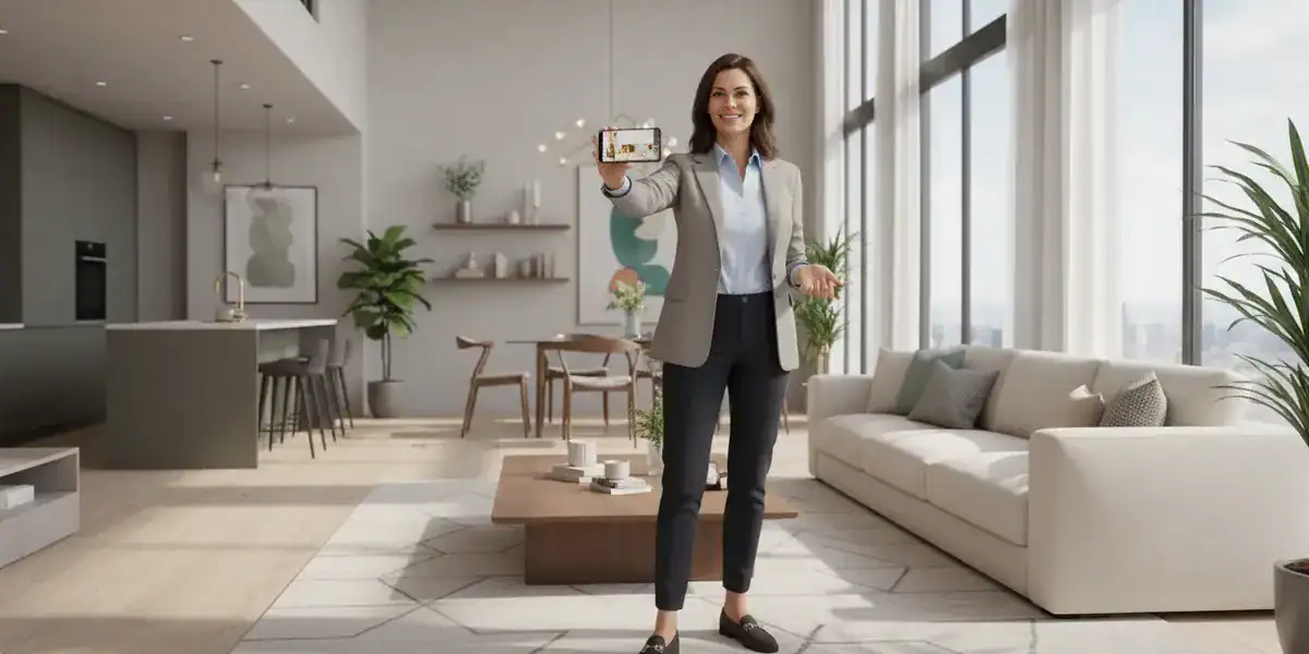 Person taking a selfie in a bright, modern open-plan living room.