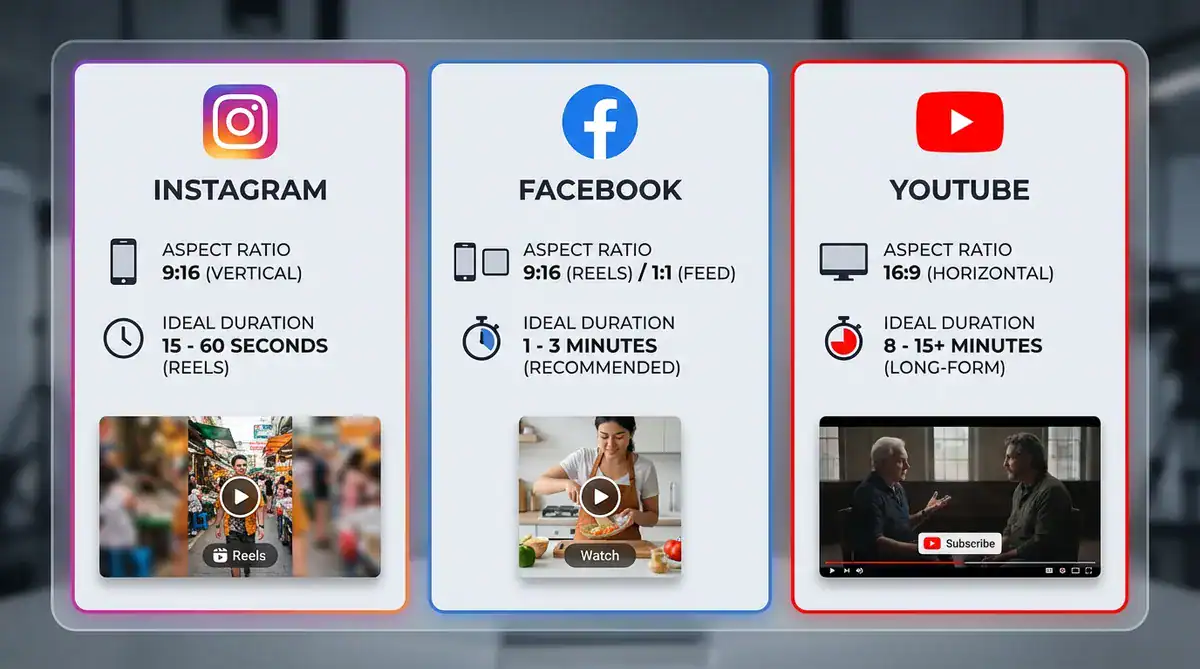 Three infographic cards showing IG, FB and YouTube aspect ratios and durations