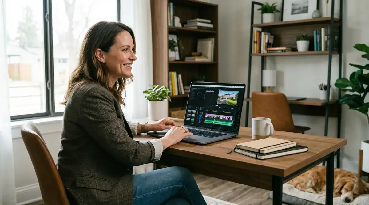 Person at a home office desk using a laptop with a video timeline on screen