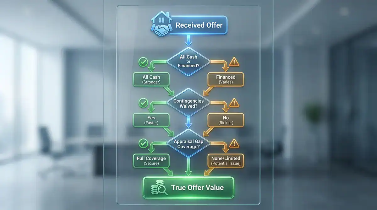 Holographic offer evaluation flowchart in an office, from Received Offer to True Offer Value