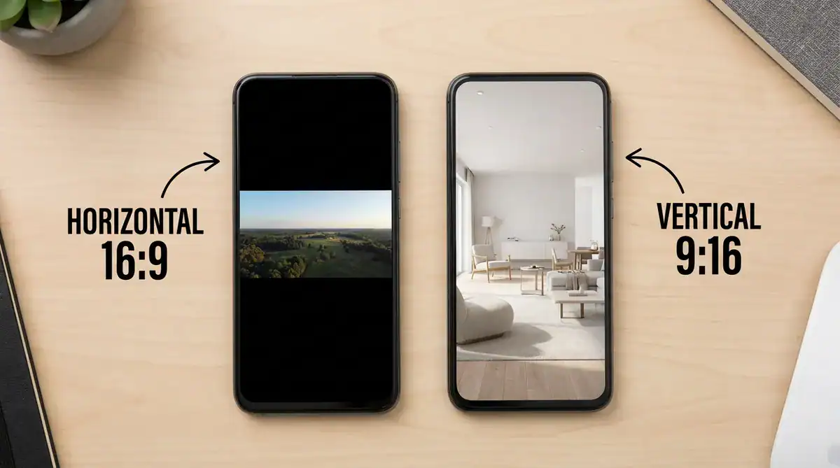 Two phones showing horizontal 16:9 and vertical 9:16 aspect ratios on a desk
