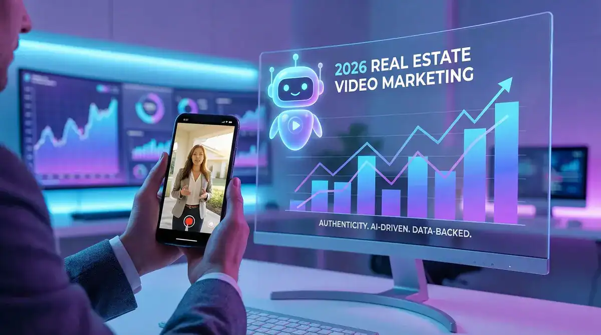 Businessperson using a smartphone beside an AI-driven real estate marketing dashboard on a monitor