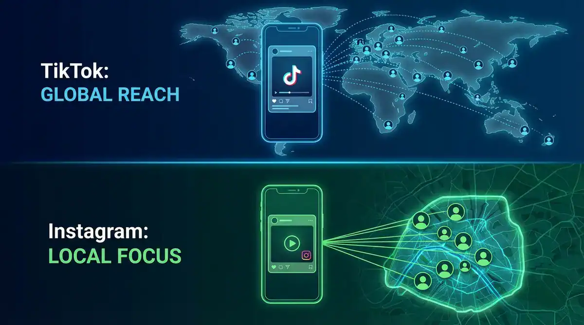 Dual-panel banner showing TikTok global reach and Instagram local focus with devices and user network