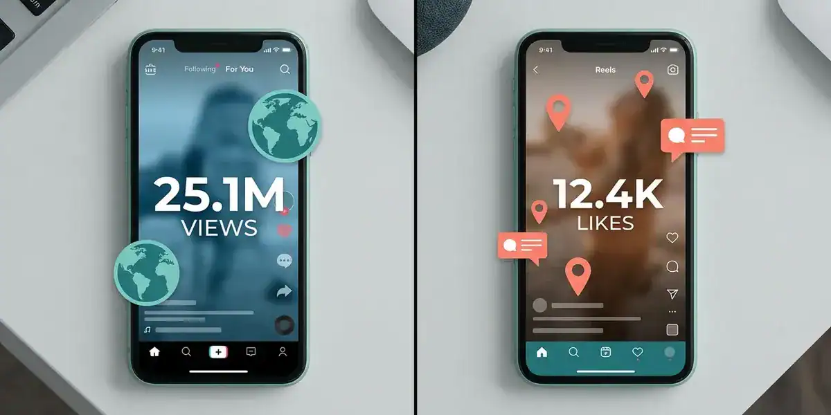 Two smartphones on a desk displaying social media metrics: views and likes.