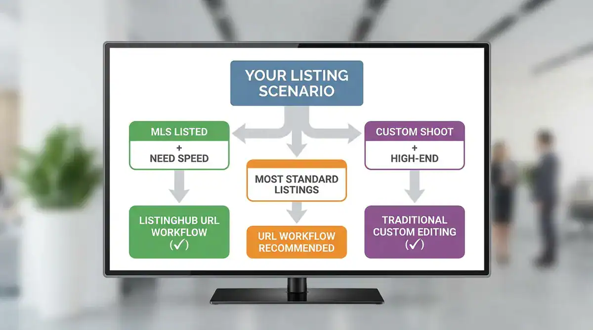 Monitor showing a colorful listing workflow flowchart with MLS listed, standard listings, custom shoot, and traditio